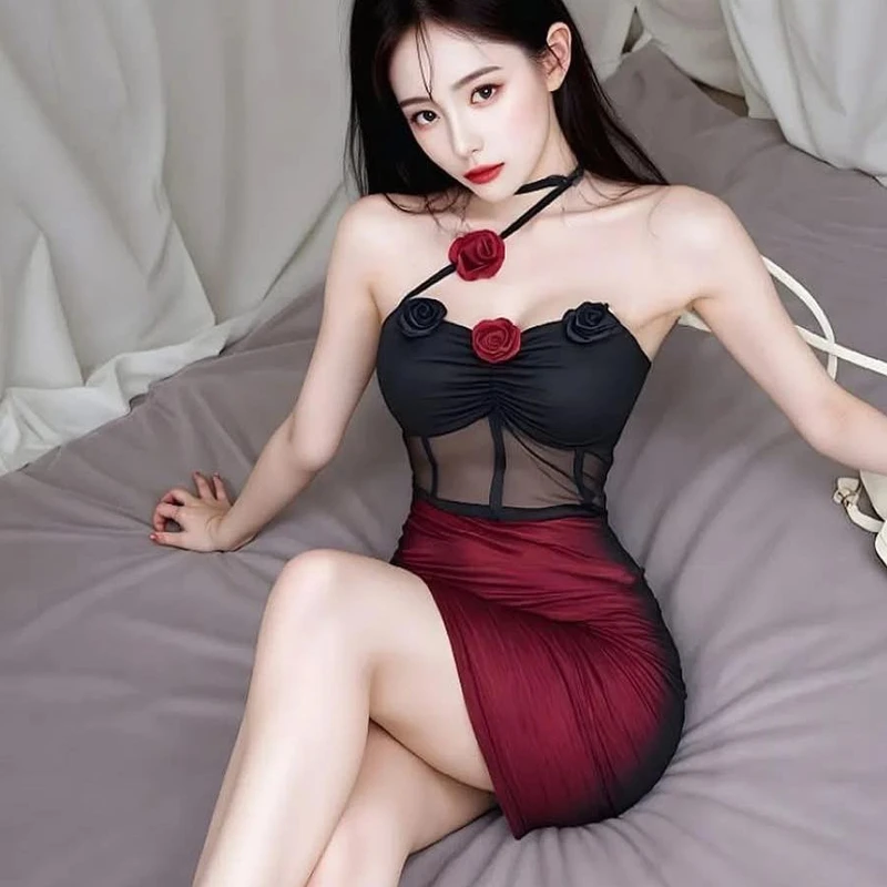 Black & Wine Rose Mesh Mini Dress – Romantic Party Wear for Women - Image 2