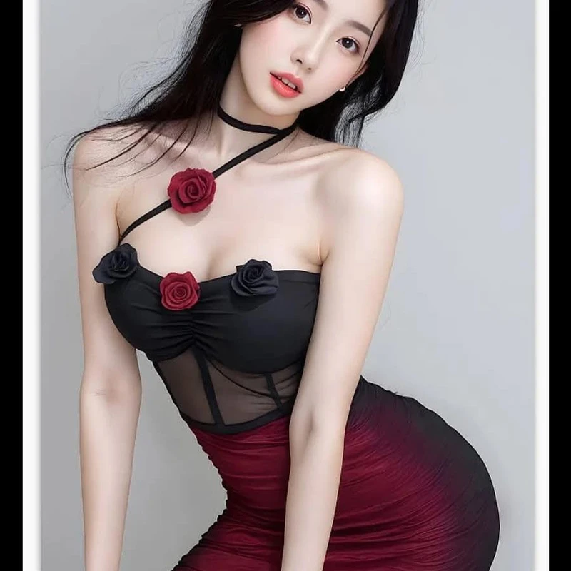 Black & Wine Rose Mesh Mini Dress – Romantic Party Wear for Women - Image 4