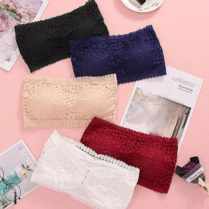 Floral Lace Bandeau Bra Set – 5 Colors, Strapless & Comfortable